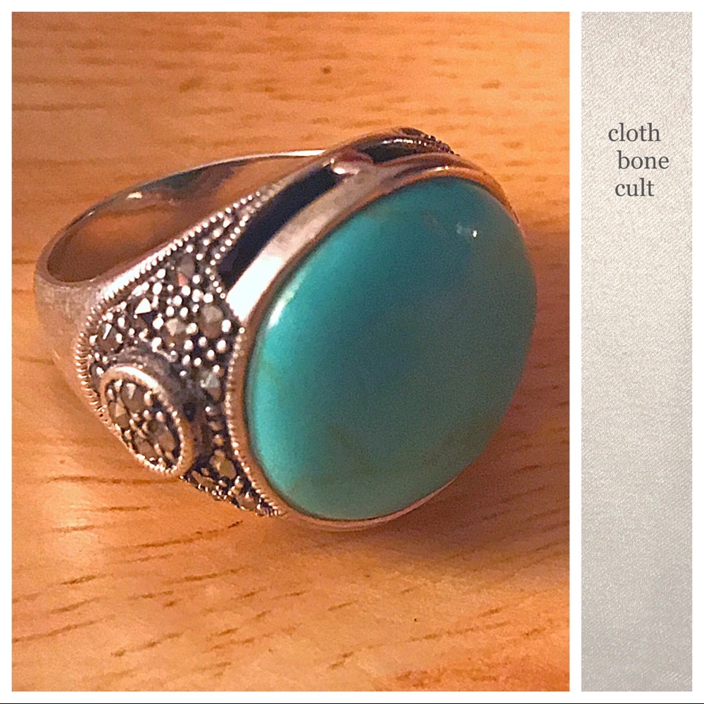 .925 SILVER Turquoise & Marcasite STATEMENT RING